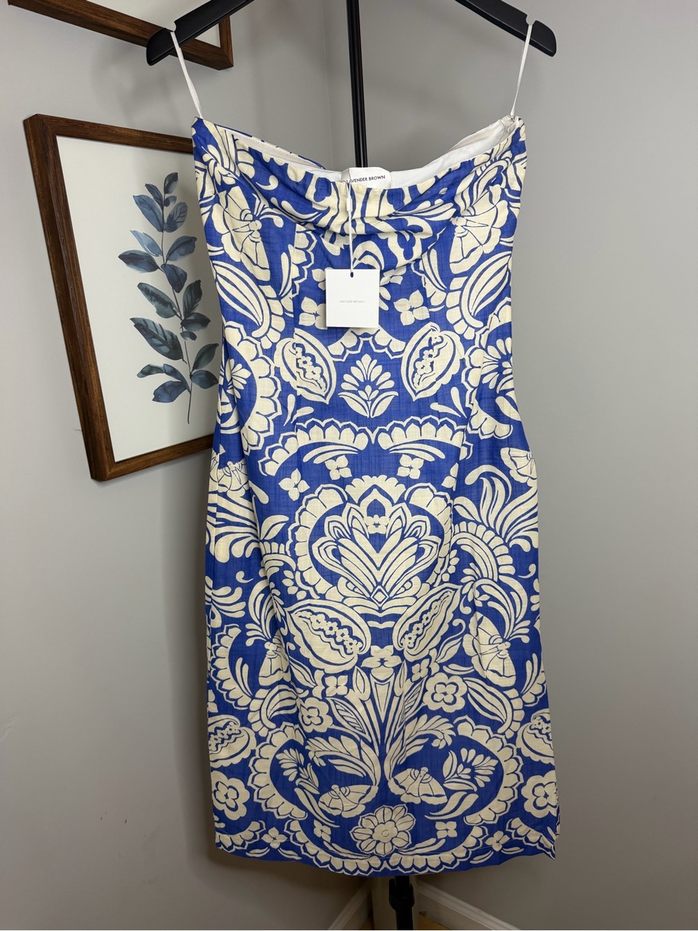 Lavender Brown Strapless Blue and Cream Patterned Dress